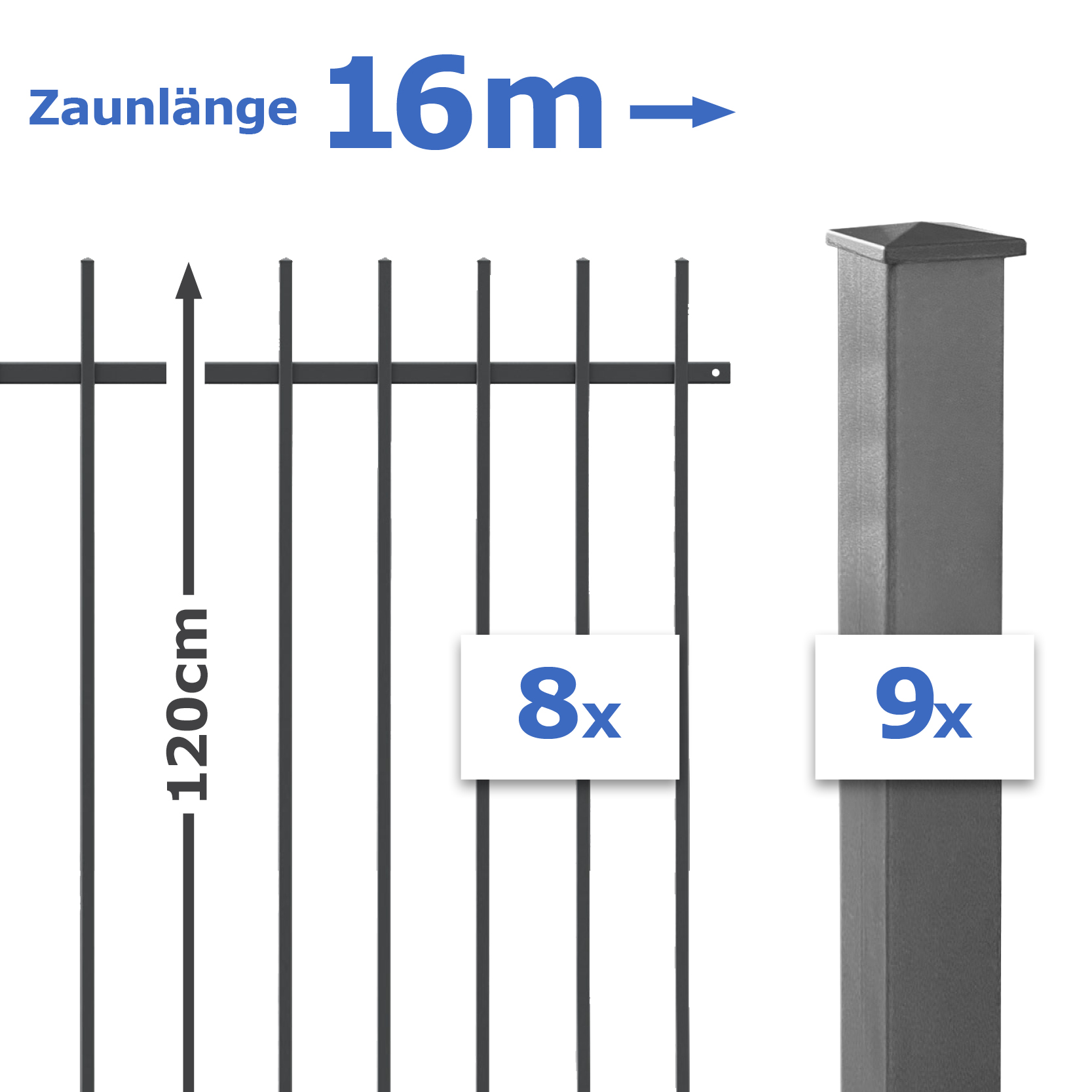 16m Set Frontgitter SHORT Metallzaun 120cm hoch – inkl. Pfosten
