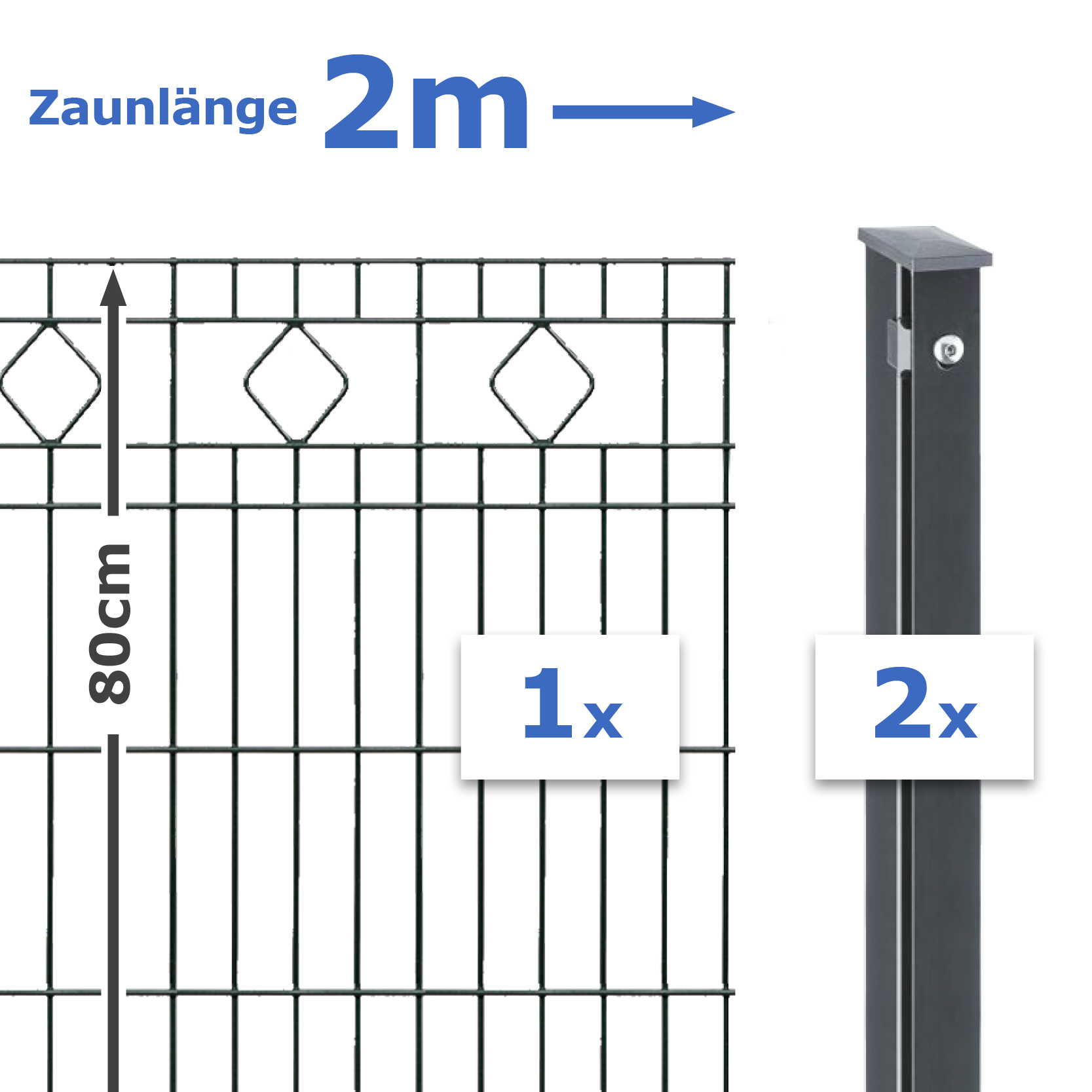 2m Set Schmuckzaun MERKUR Doppelstabmatte 80cm hoch – inkl. Pfosten